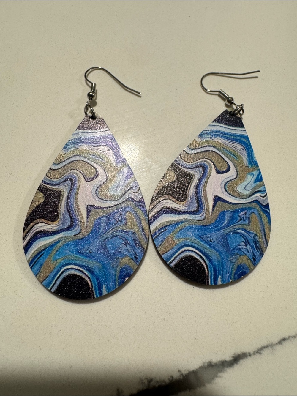 Marbled Teardrop Dangle Earrings - Blue, Black, Gold